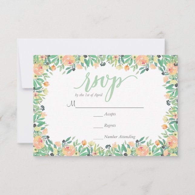 Carte RUSTIC Vert aquarelle rose pivoines RSVP (Devant)