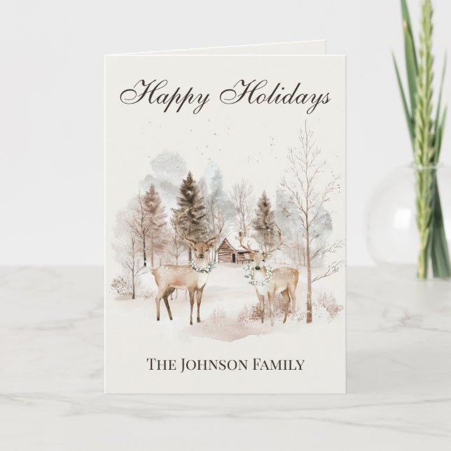 Carte Rustic Watercolor Deer Winter Forest Christmas (Devant)