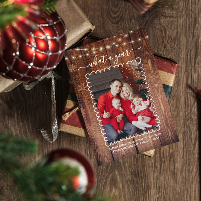 Carte Rustic What a Year Photo Collage Noël (rustic christmas cards elegant modern family photo string lights snowflakes wood country what a year)