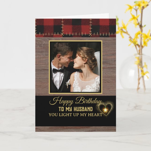 Carte Rustic Wood Red Plaid Happy Birthday my Husband  (Fleur jaune)