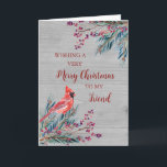 Carte Rustic Wood Watercolor Friend Joyeux Noël<br><div class="desc">Joyeux Noël pour carte d'ami avec aquarelle d'hiver feuillage,  cardinal,  motif en bois rustique et verset réfléchi.</div>