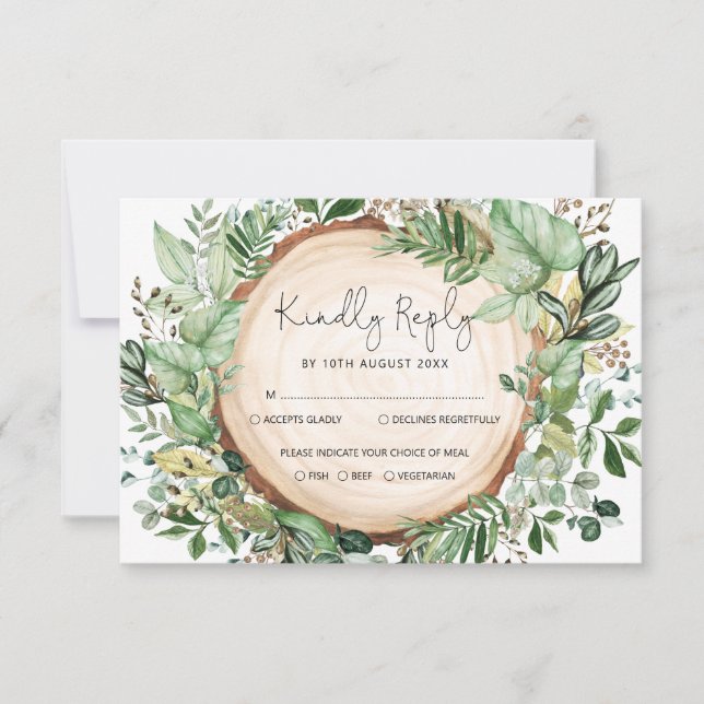 Carte Rustique aquarelle verte Mariage de forêt RSVP (Devant)