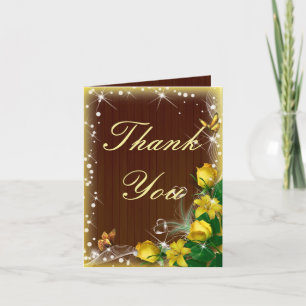 Carte Rustique Bois foncé Jaune Floral Mariage Merci