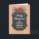 Carte Rustique Chalkboard Godson Joyeux Noël<br><div class="desc">Joyeux Noël pour carte d'filon avec motif en damier rustique et feuillage d'hiver avec poinsettias.</div>