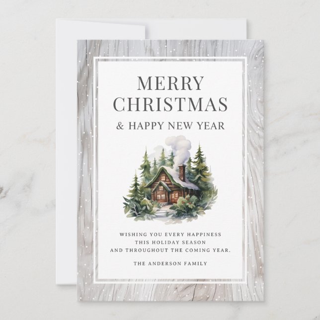 Carte rustique de Noël et Nouvel An en bois de cab (Devant)