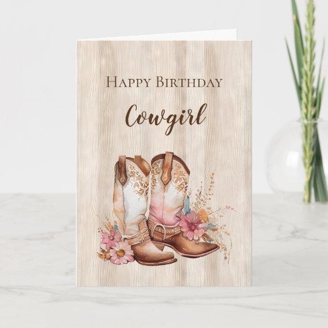 Carte Rustique Faux Bois Cowgirl Floral Boots Anniversai (Devant)