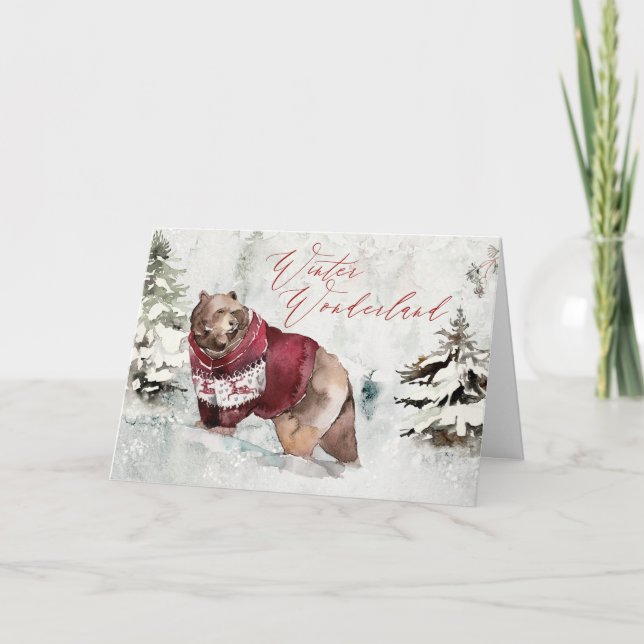 Carte Rustique hiver Wonderland Bear dans la neige (Devant)