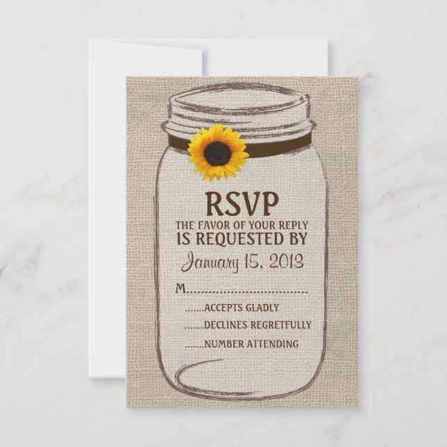 Carte Rustique Mason Jar & Burlap et Sunflower RSV (Devant)
