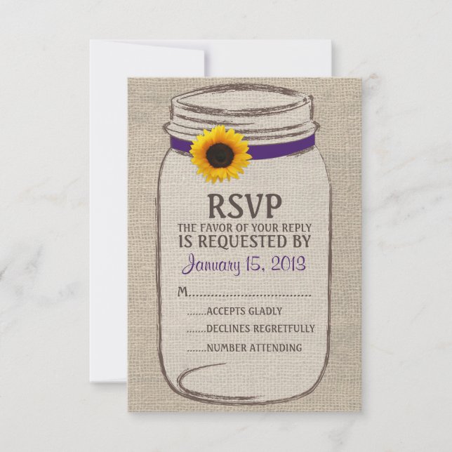 Carte Rustique Mason Jar & Burlap et Sunflower RSV (Devant)
