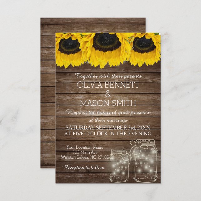 Carte Rustique Mason Jar Sunflower Mariage (Devant / Derrière)