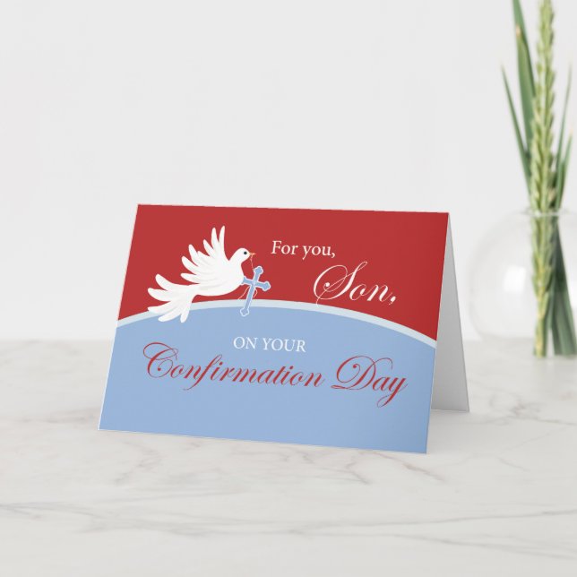 Carte Sa Confirmation Colombe sur fond rouge et bleu (Devant)