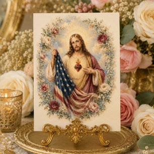 Carte Sacré-Cœur de Jésus avec drapeau américain catholi