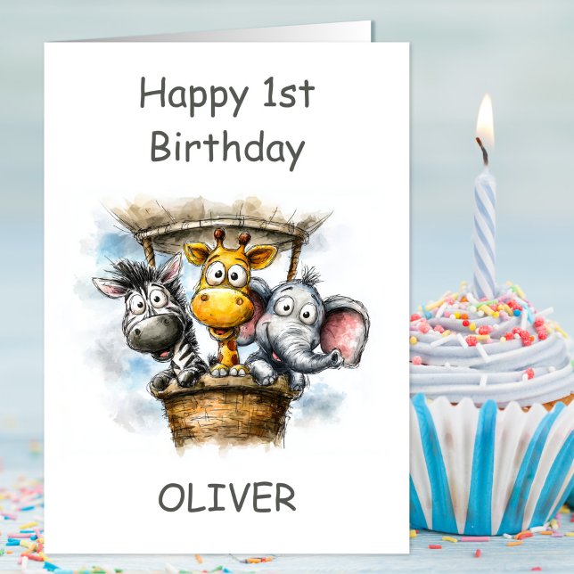 Carte Safari Animals in Hot Air Balloon 1st Birthday (Créateur téléchargé)