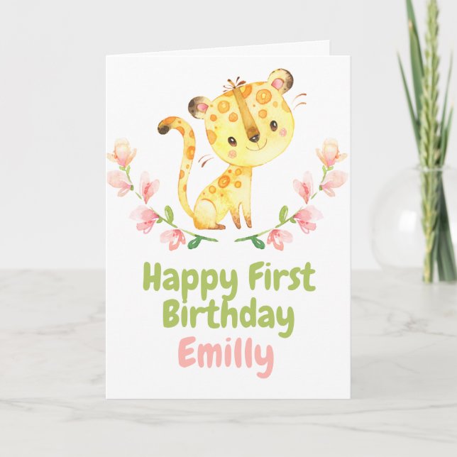 Carte Safari Baby tiger Girl Happy 1st Birthday Card (Devant)