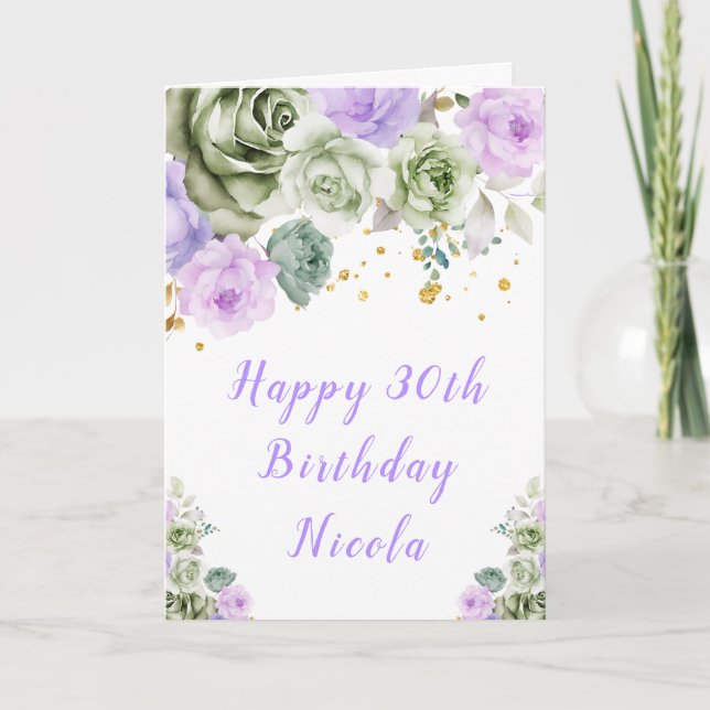 Carte Sage Green and Purple Floral Birthday (Devant)