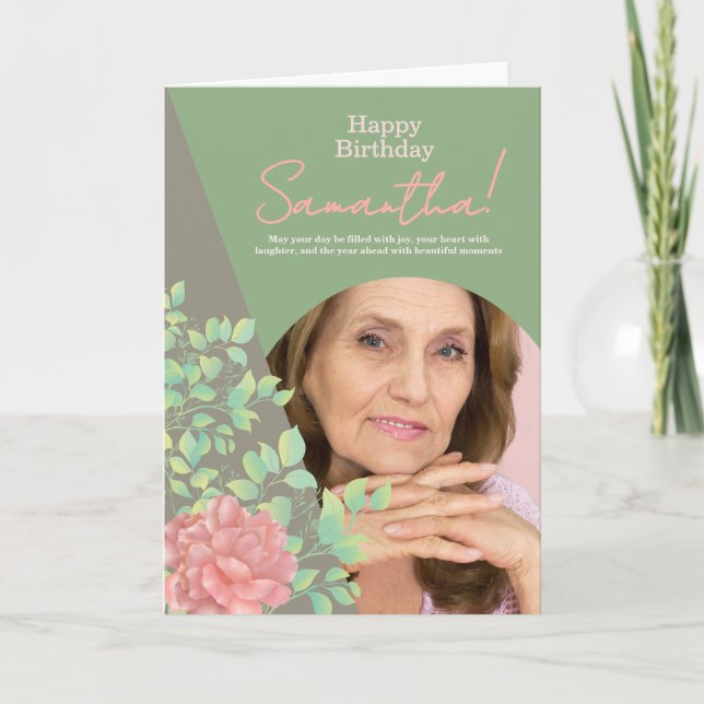 Carte Sage Green Blush Floral Photo Birthday Greeting (Devant)