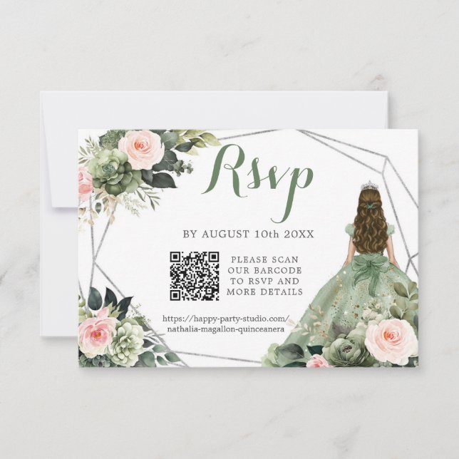 Carte Sage Green Blush Rose Girl XV Años QR RSVP (Devant)
