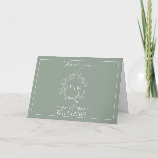 Carte Sage Green Crest Monogramme Photo Merci Ca (Devant)