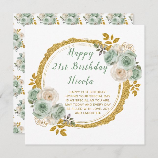 Carte Sage Green et or Fleurs élégantes Fête d'anniversa (Devant / Derrière)