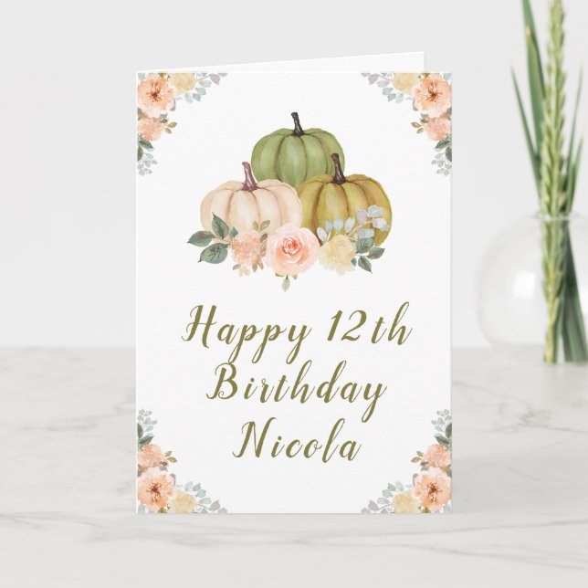 Carte Sage Green et Peach Floral Citrouille Anniversaire (Devant)