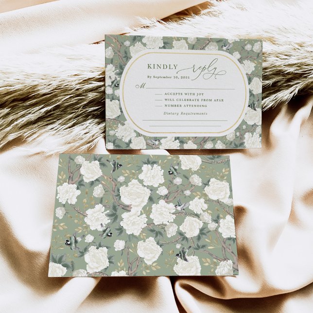 Carte Sage Green White Chinoiserie Floral Wedding RSVP (Créateur téléchargé)