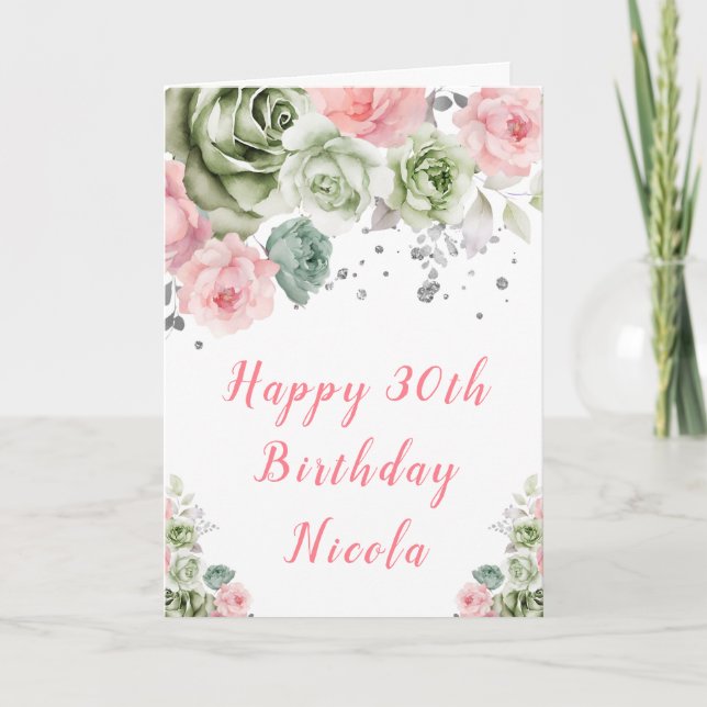 Carte Sage Vert et rose Floral Joyeux anniversaire (Devant)