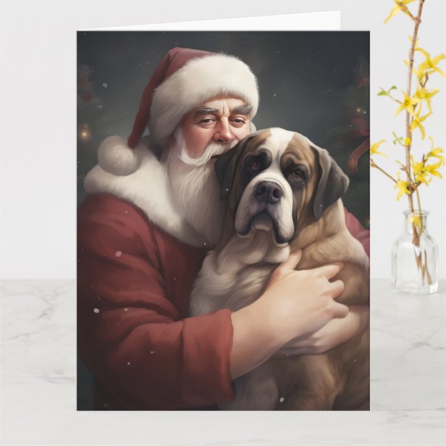 Carte Saint Bernard avec le Père Noël Festif Noël (Fleur jaune)
