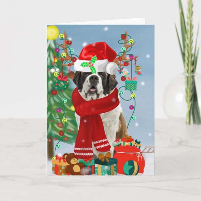 Carte Saint Bernard  Chien dans la neige de Noël  (Devant)
