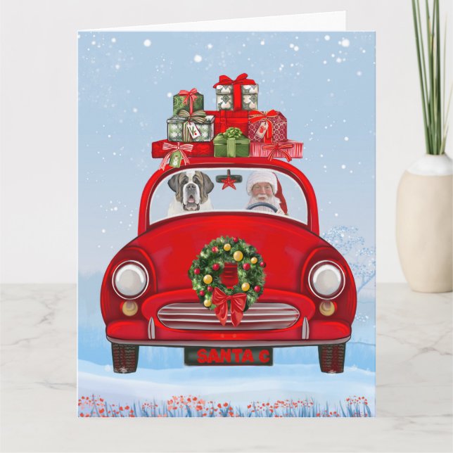 Carte Saint Bernard Chien En Voiture Avec Le Père Noël (Devant)