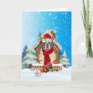 Carte Saint Bernard dans la neige avec cadeaux de Noël