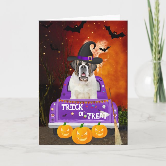 Carte Saint Bernard Dog dans le camion Halloween (Devant)