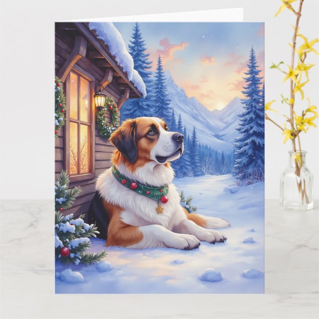 Carte Saint Bernard Snowy Mountain Lodge Christmas Dog (Fleur jaune)