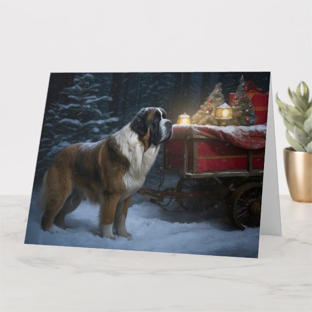 Carte Saint-Bernard Traîneau enneigé Décor de Noël (Petite plante)