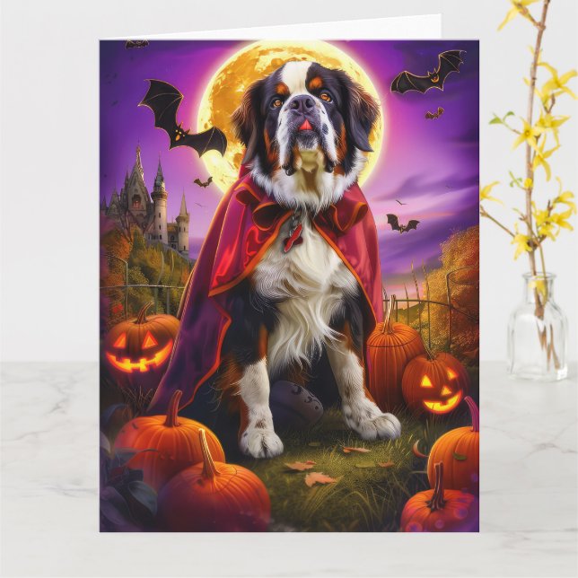 Carte Saint Bernard Vampire Halloween Citrouilles Épouva (Fleur jaune)