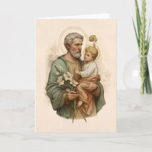 Carte Saint Joseph tenant l'Enfant Jésus et des lys