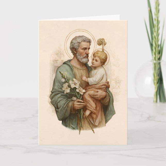 Carte Saint Joseph tenant l'Enfant Jésus et des lys (Devant)