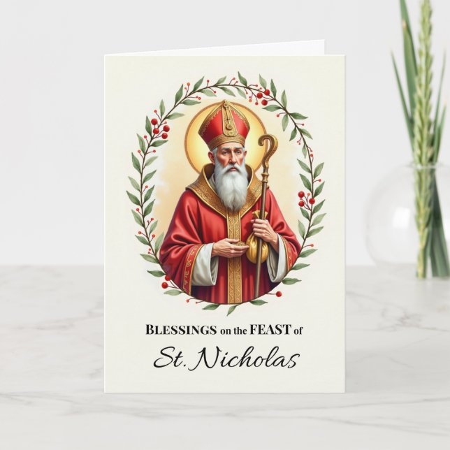 Carte Saint Nicolas Fête Bénédiction Holly Wreath (Devant)