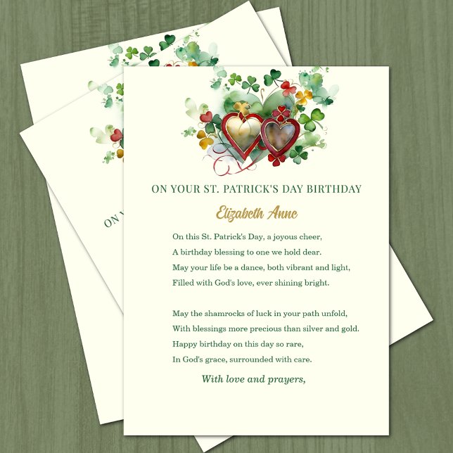 Carte Saint Patrick's Day Anniversaire Bénédiction Shamr (St. Patrick's Day Birthday Blessed with hearts and shamrocks )