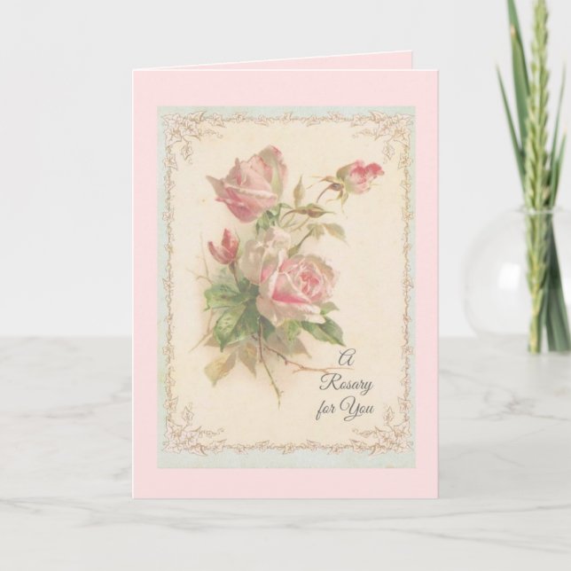 Carte Saint Rosaire avec roses roses roses Prière (Devant)