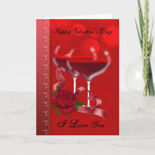 Carte Saint-Valentin avec vin rouge en forme de co (Devant)