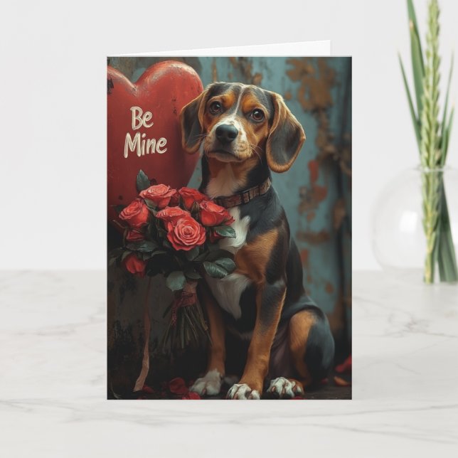 Carte Saint-Valentin Beagle joyeux avec Roses Cœurs (Devant)