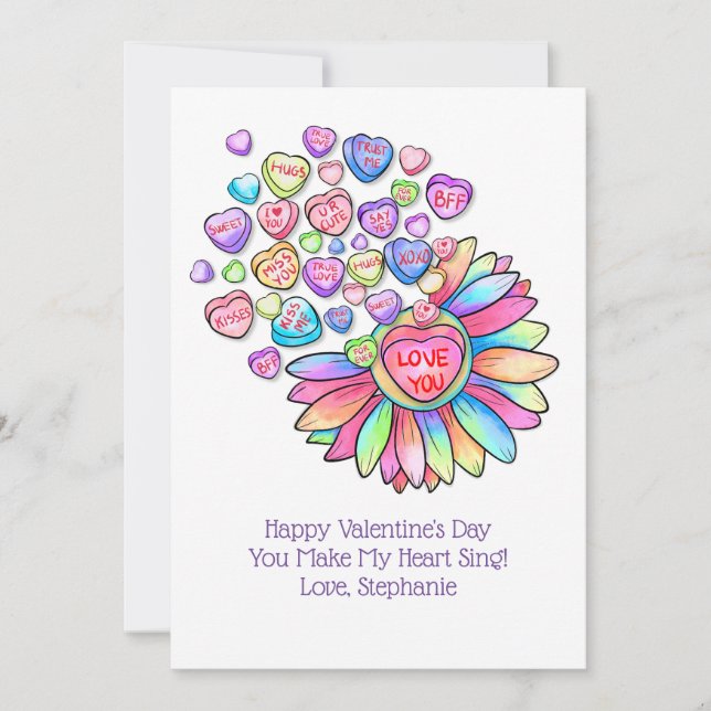 Carte Saint Valentin Candy Coeurs Fleurs Arc en ci (Devant)
