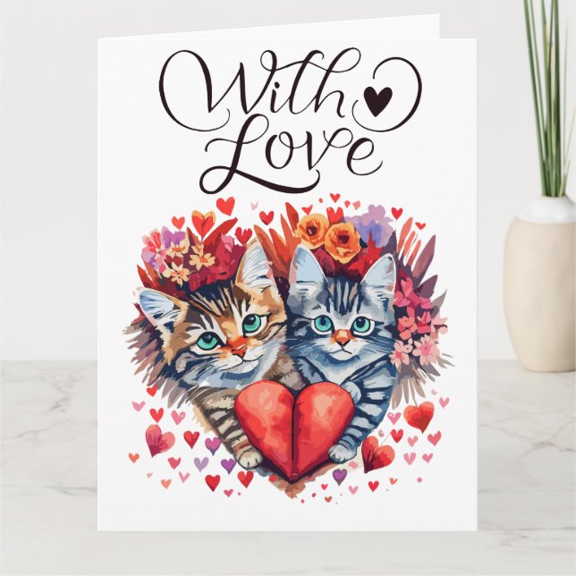 Carte Saint-Valentin chats à l'aquarelle avec amour (Devant)