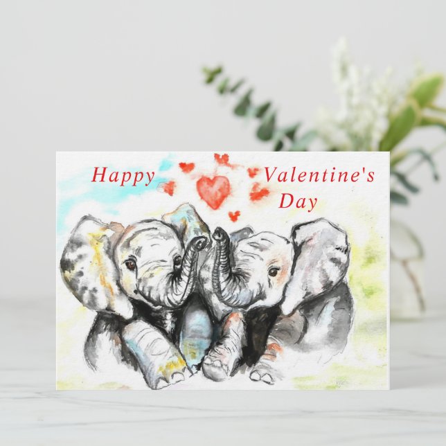 Carte Saint Valentin Couple Elephant - Aquarelle (Debout devant)