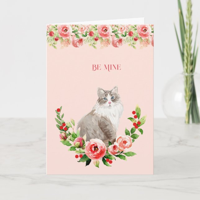 Carte Saint-Valentin Féminin du Chat Rose Floral (Devant)