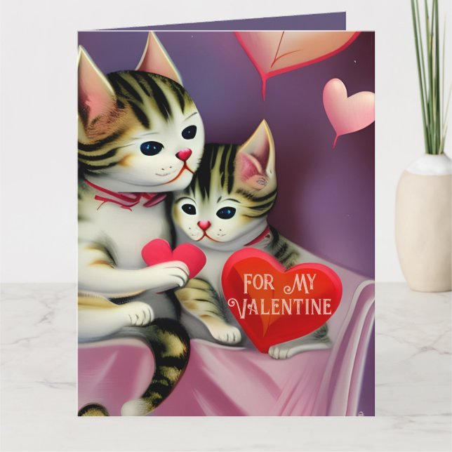 Carte Saint-Valentin Rétro Adorables Chatons et Cœurs (Devant)