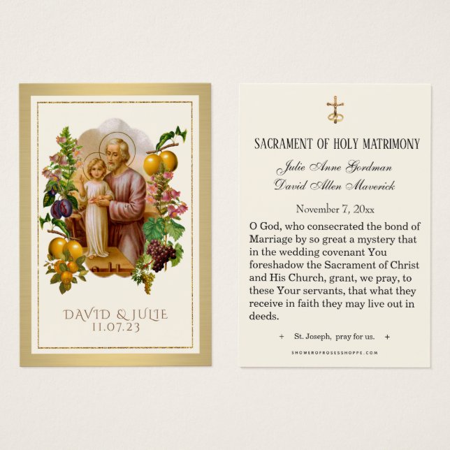 Carte Sainte de Mariage Élégante en Or de Saint Jo (Devant & derrière)