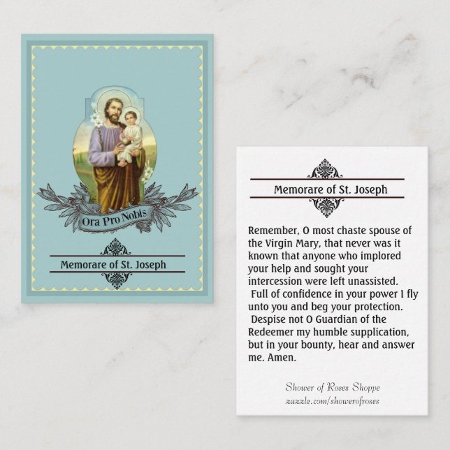 Carte sainte de prière de St Joseph Memorare (Devant / Derrière)