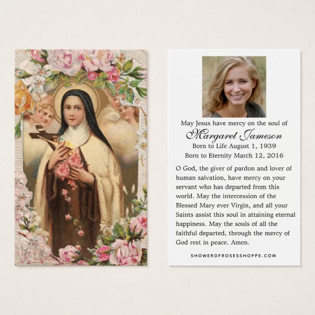 Carte Sainte Mémorial Funéraire St. Therese Roses (Devant & derrière)