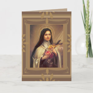 Carte Sainte Thérèse petite fleur avec roses roses Anniv